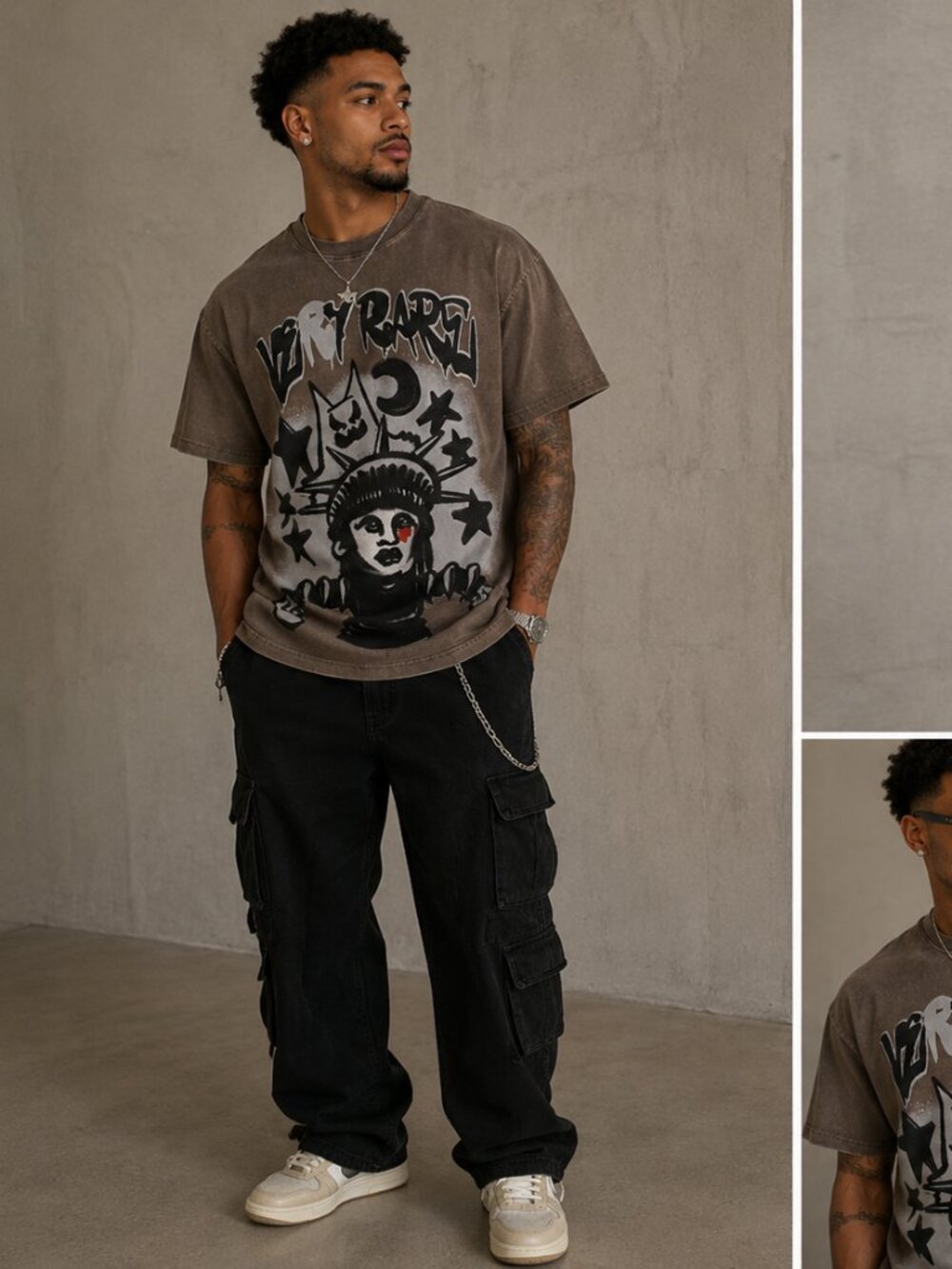 VeryRare New Mens Garment Wash Lady Liberty Graffiti Tee